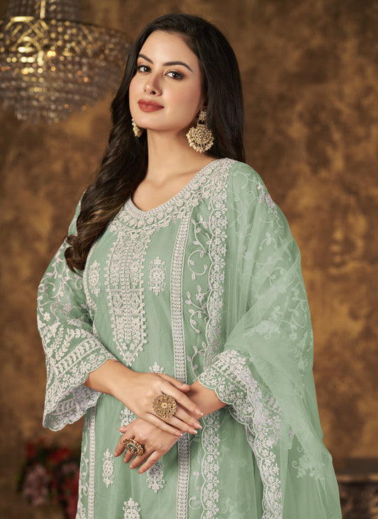 Mint Green Net Embroidered Palazzo Kameez