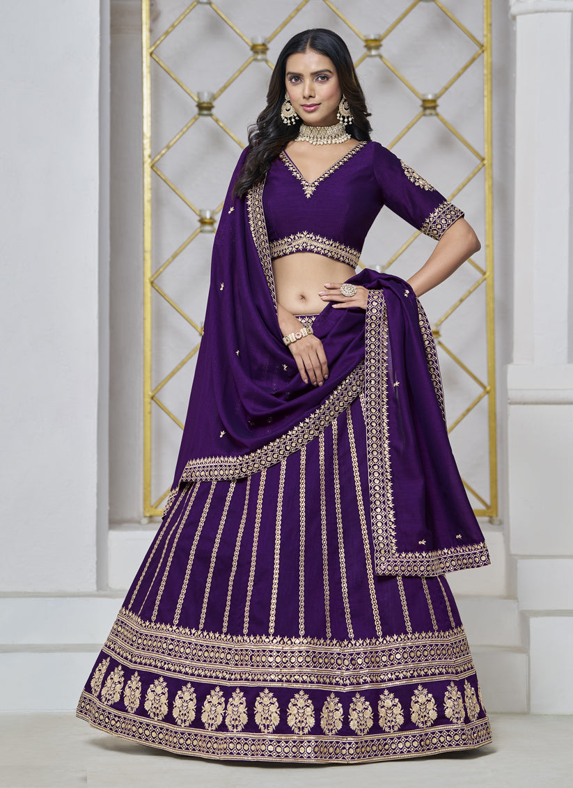 eggplant art silk embroidered lehenga choli for wedding