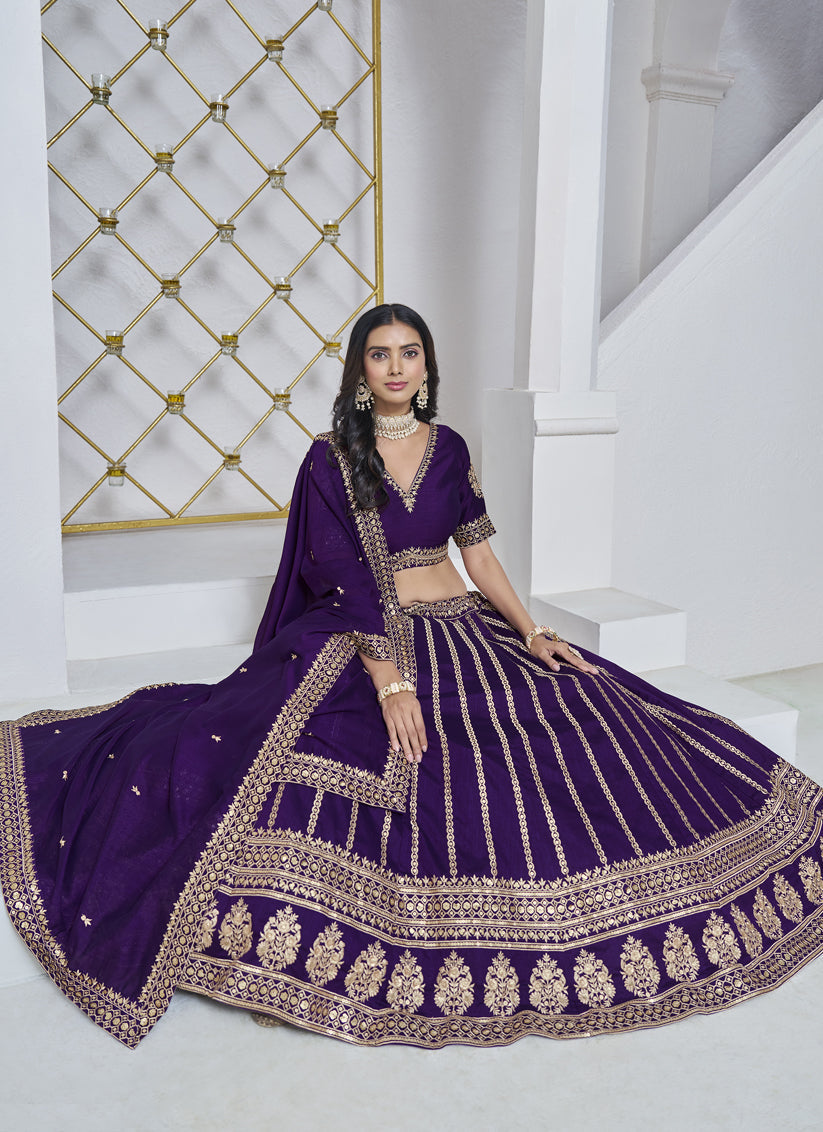eggplant art silk embroidered lehenga choli for wedding