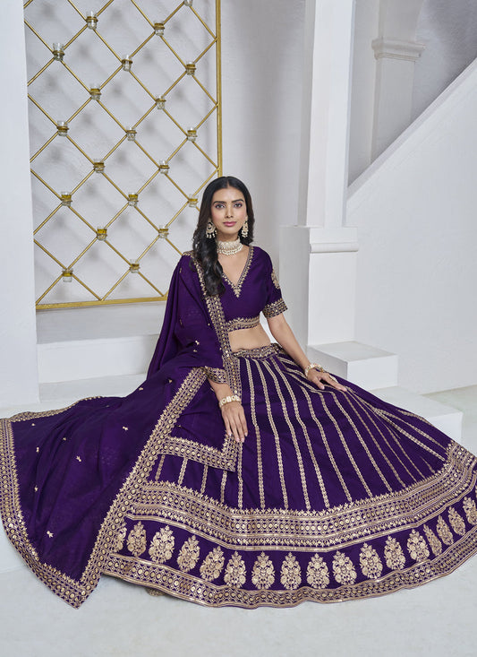 eggplant art silk embroidered lehenga choli for wedding