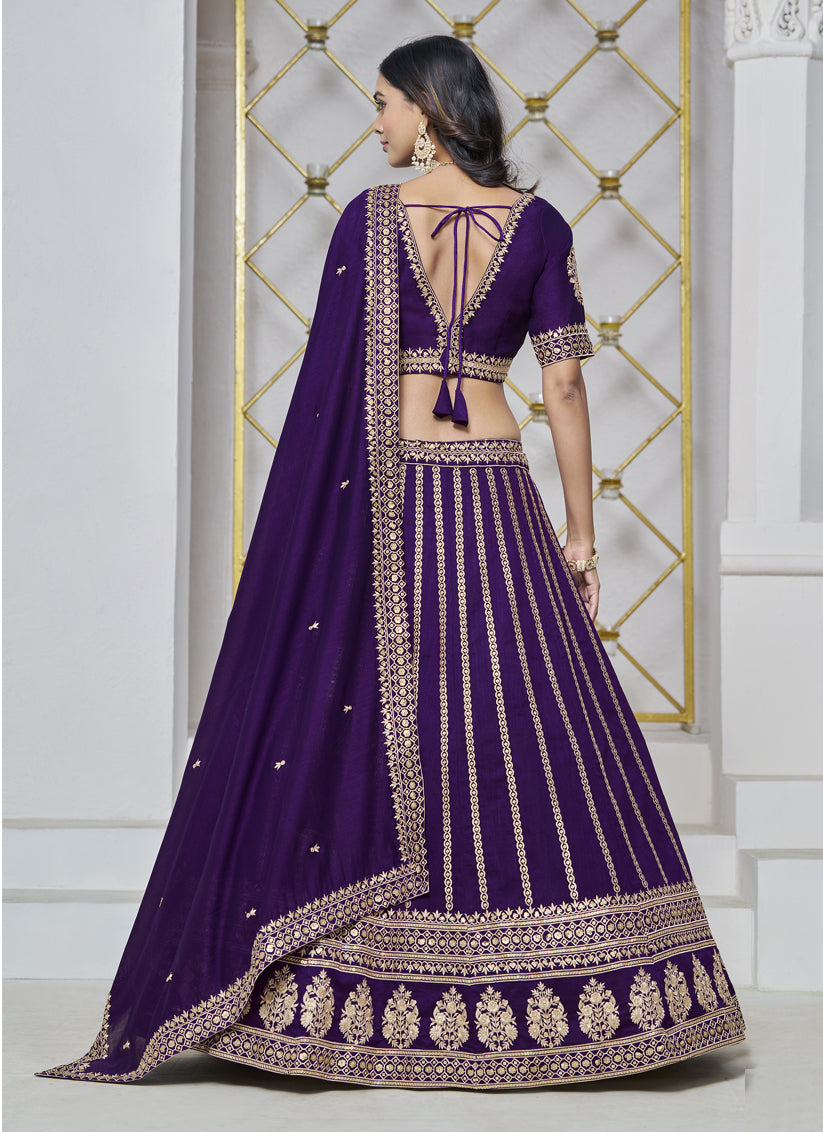 eggplant art silk embroidered lehenga choli for wedding
