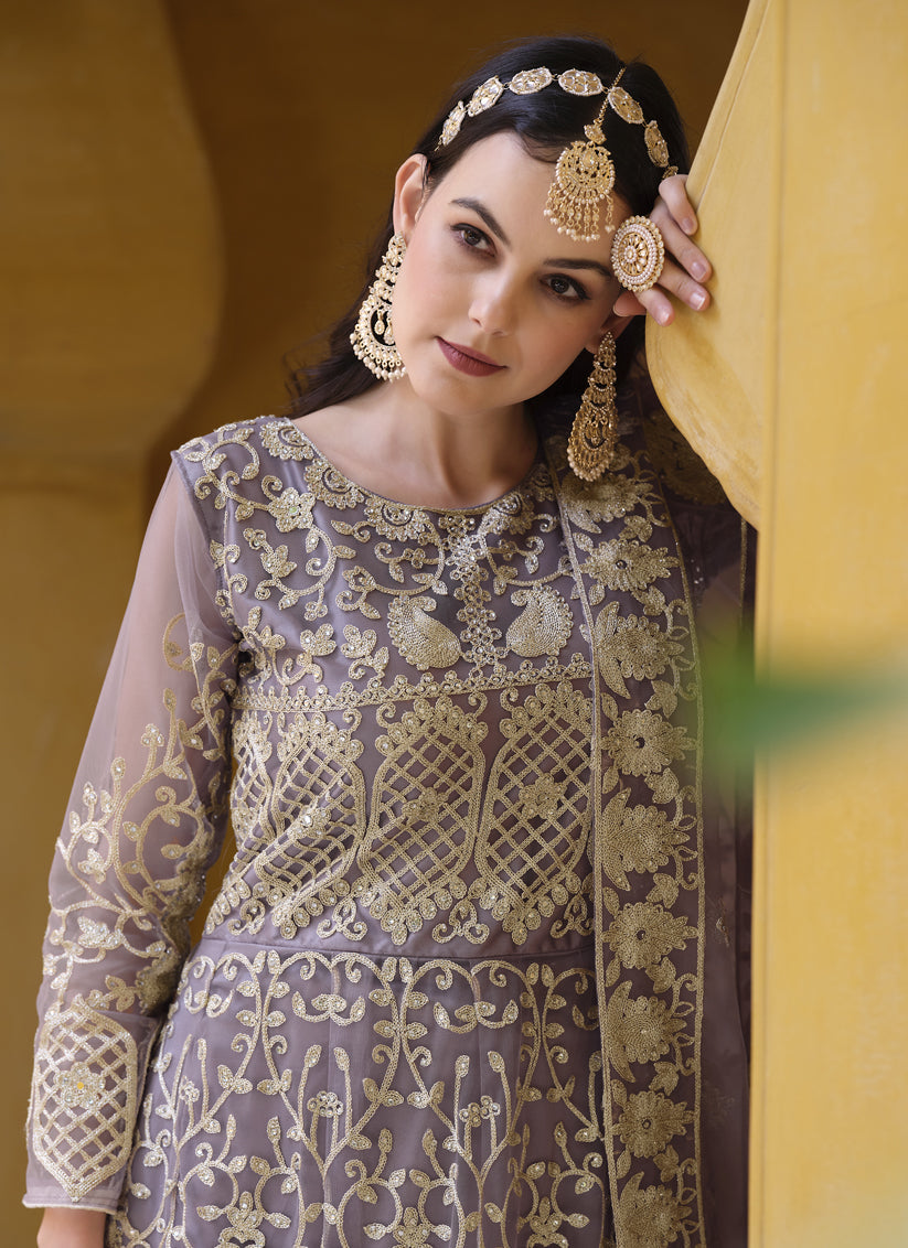 Mauve Net Embroidered Designer Anarkali Suit