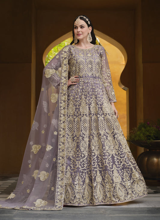 Mauve Net Embroidered Designer Anarkali Suit