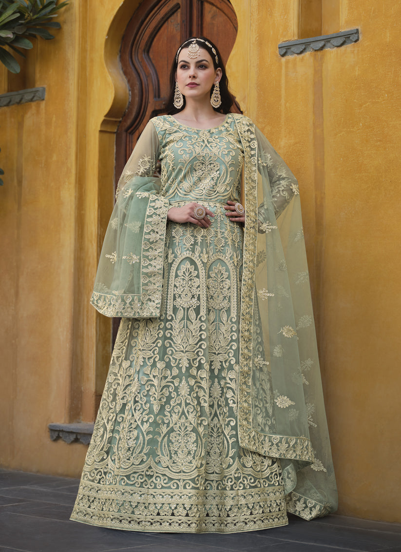 Mint Green Net Embroidered Designer Anarkali Suit
