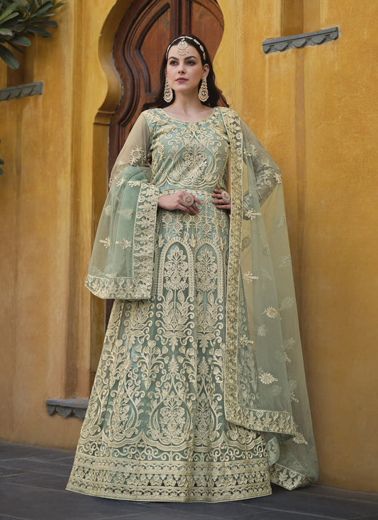 Mint Green Net Embroidered Designer Anarkali Suit