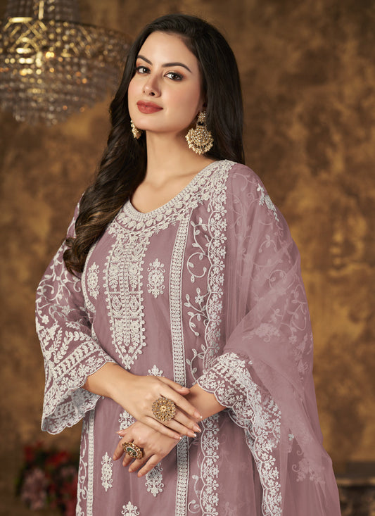 Old Rose Net Embroidered Palazzo Kameez
