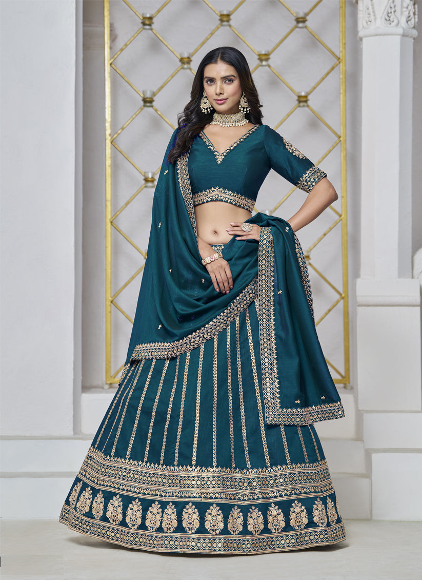 teal blue art silk embroidered lehenga choli for wedding