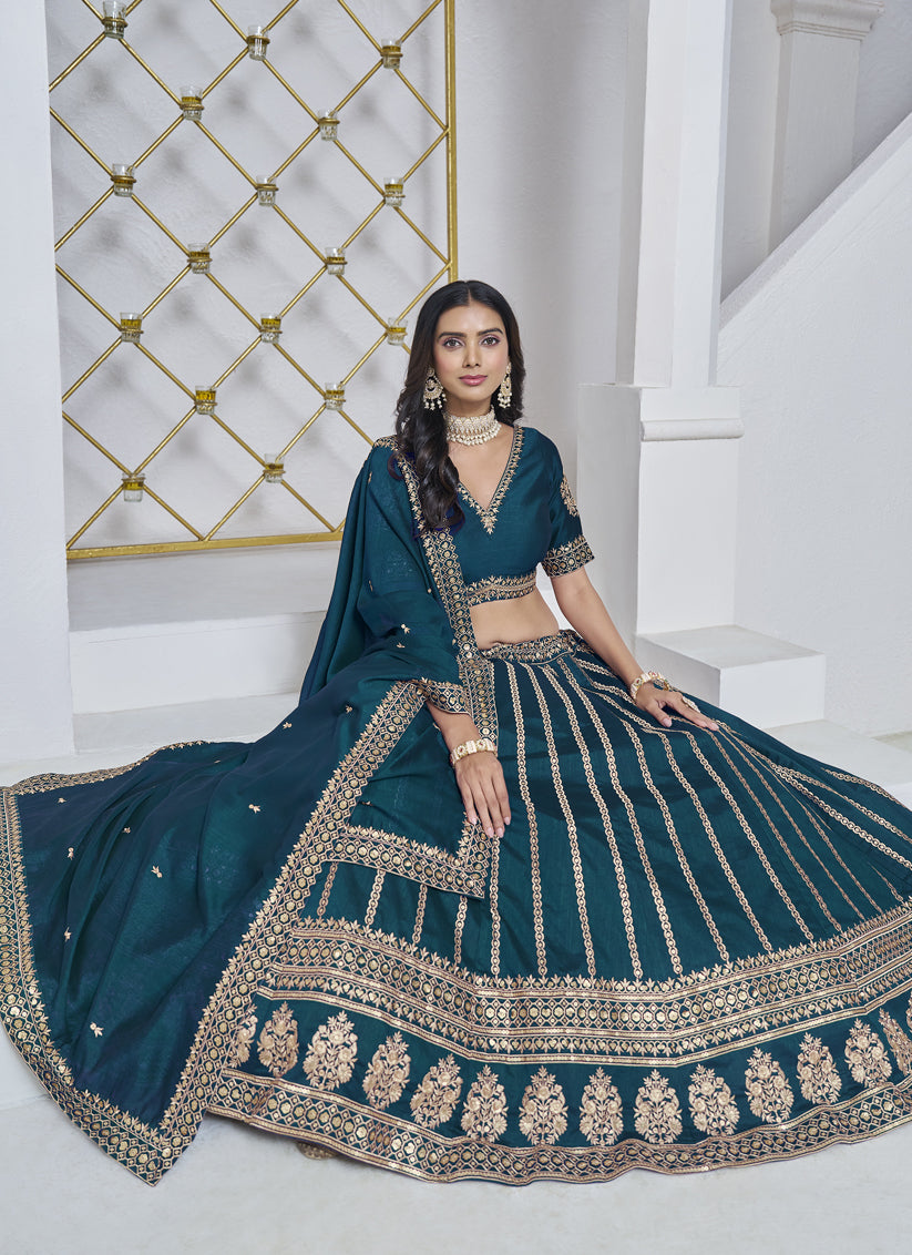 teal blue art silk embroidered lehenga choli for wedding