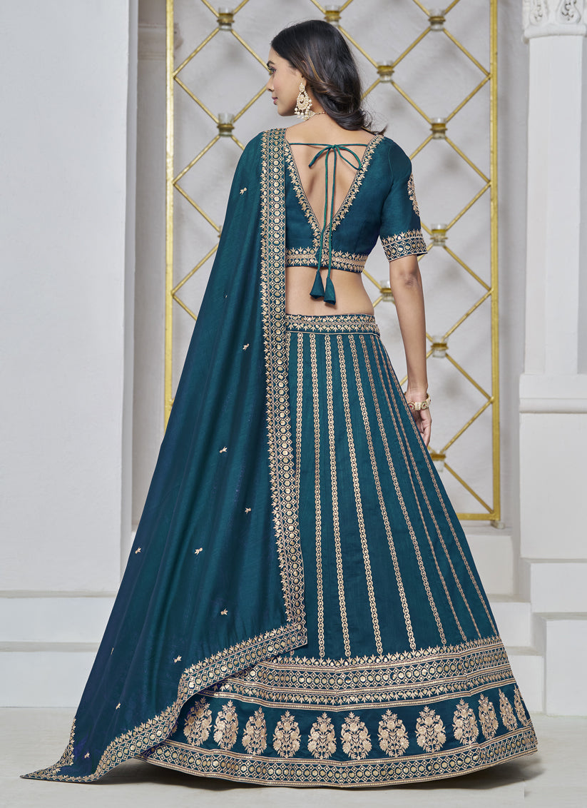 teal blue art silk embroidered lehenga choli for wedding