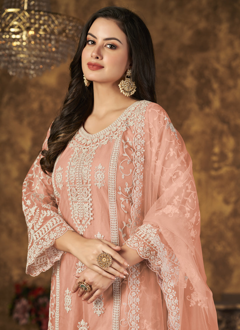 Peach Net Embroidered Palazzo Kameez