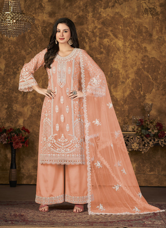 Peach Net Embroidered Palazzo Kameez