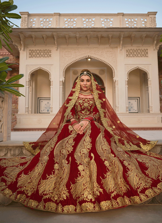 Maroon Embroidered Velvet Lehenga Choli