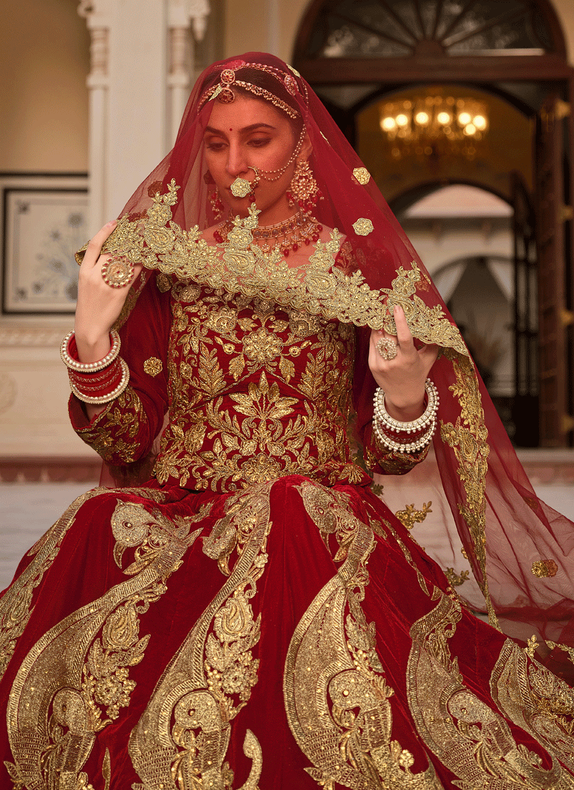 Maroon Embroidered Velvet Lehenga Choli