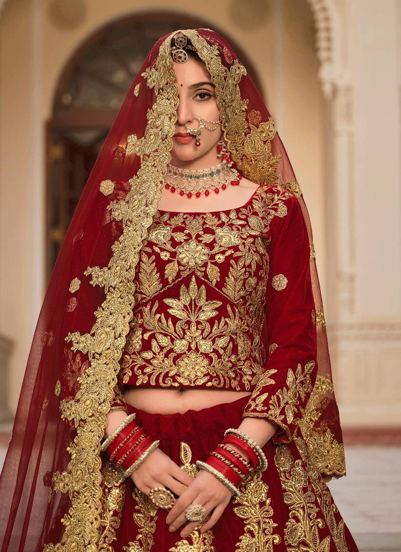 Maroon Embroidered Velvet Lehenga Choli