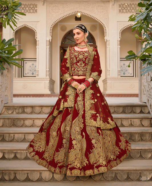 Maroon Embroidered Velvet Lehenga Choli