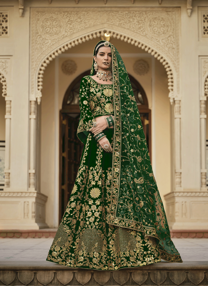 Forest Green Velvet Embroidered Bridal Lehenga Choli