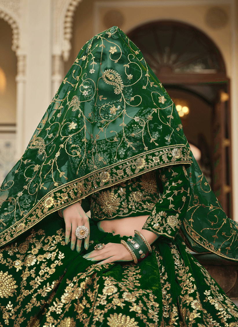 Forest Green Velvet Embroidered Bridal Lehenga Choli