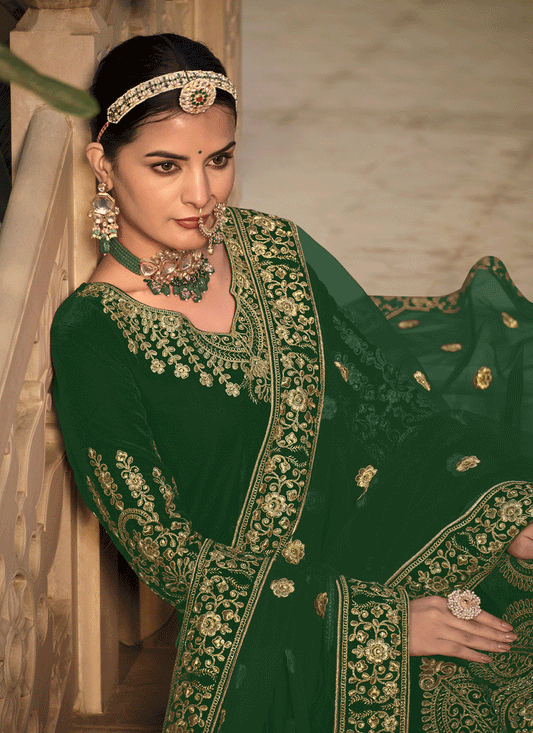 Kelly Green Velvet Heavy Embroidered Anarkali Suit