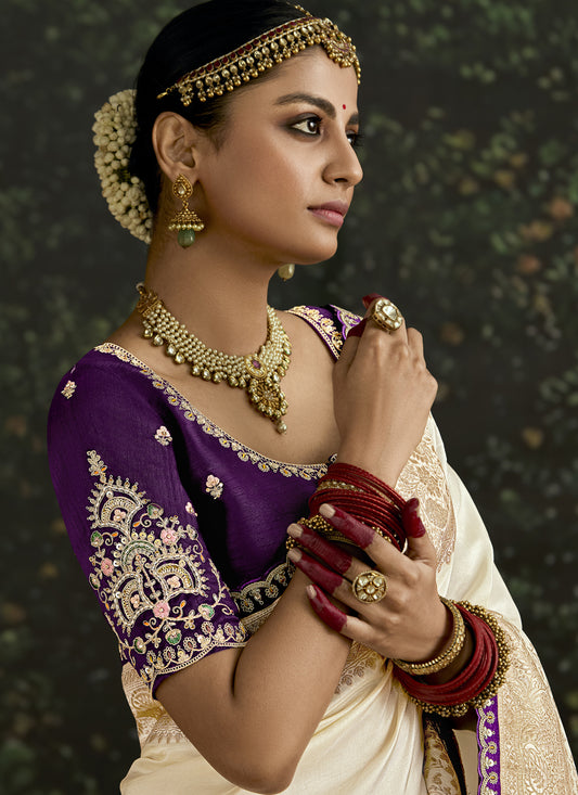 Sleek Ivory Dola Silk Embroidered Wedding Saree