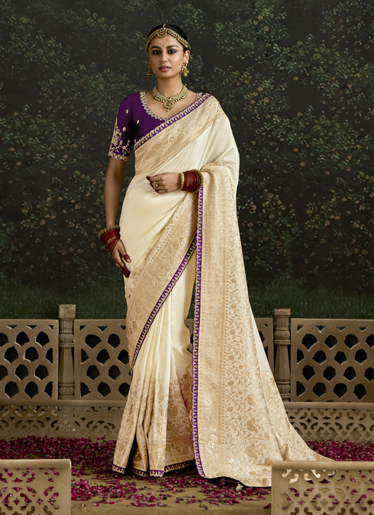 Sleek Ivory Dola Silk Embroidered Wedding Saree