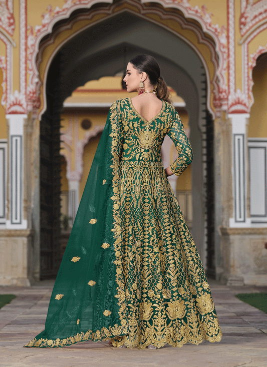 Bottle Green Heavy Embrodiered Butterfly Net Anarkali Suit