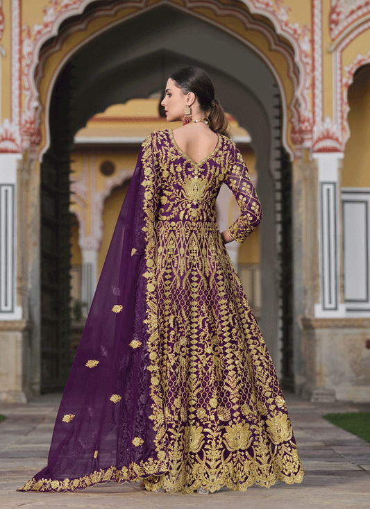 Purple Heavy Embrodiered Butterfly Net Anarkali Suit