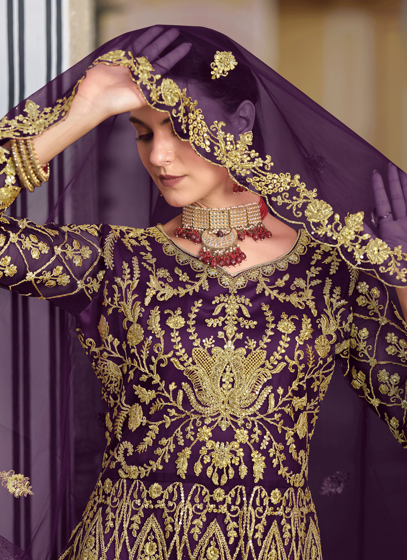 Purple Heavy Embrodiered Butterfly Net Anarkali Suit