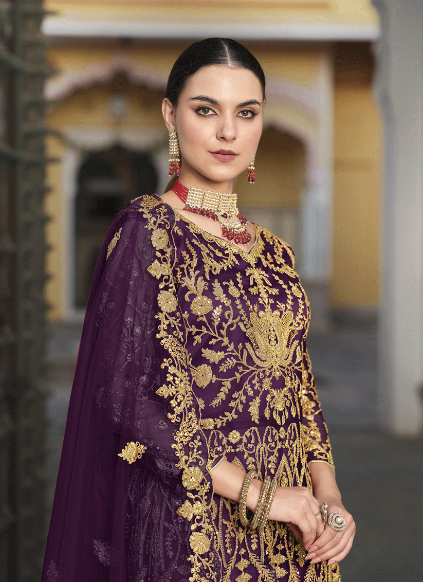 Purple Heavy Embrodiered Butterfly Net Anarkali Suit