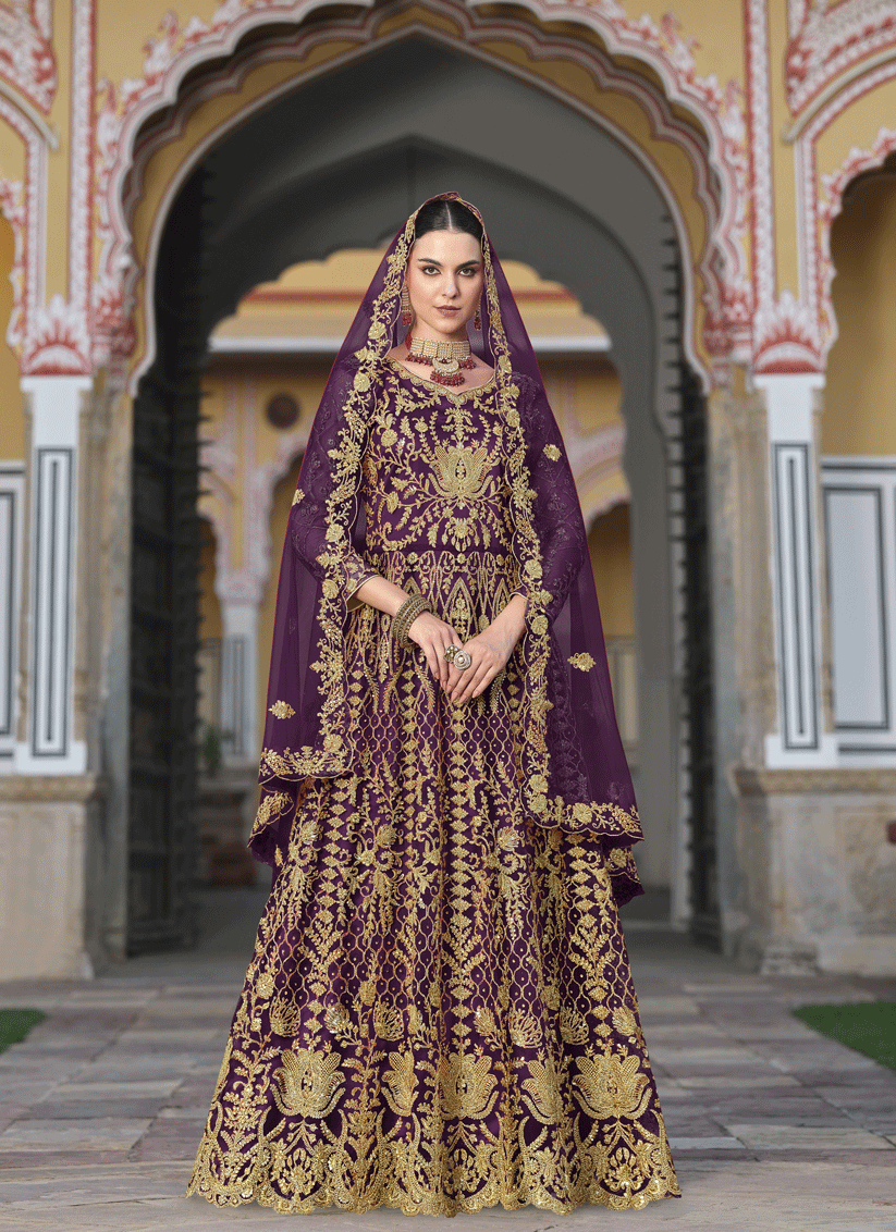 Purple Heavy Embrodiered Butterfly Net Anarkali Suit