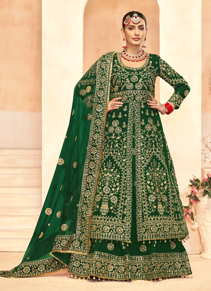 Green Embroidered Velvet Lehenga Kameez Suit