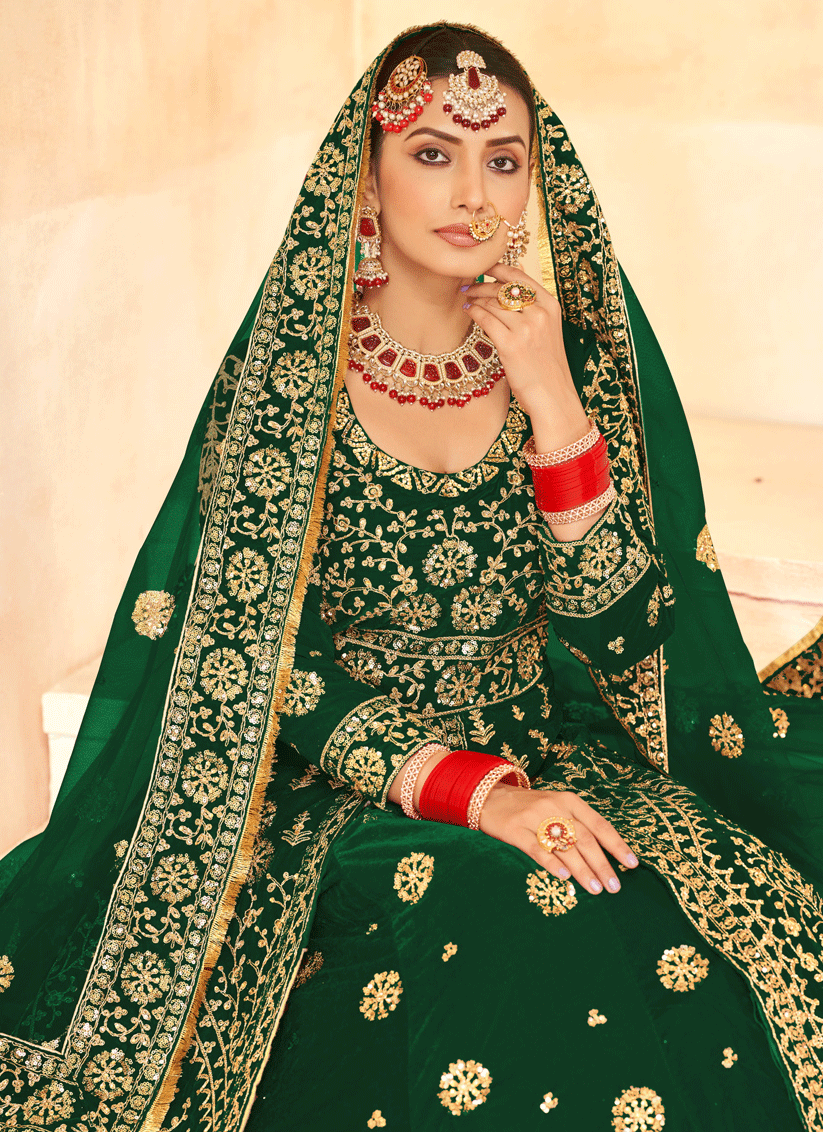 Green Embroidered Velvet Lehenga Kameez Suit