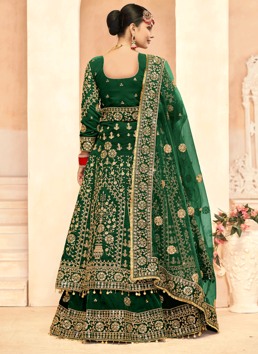 Green Embroidered Velvet Lehenga Kameez Suit