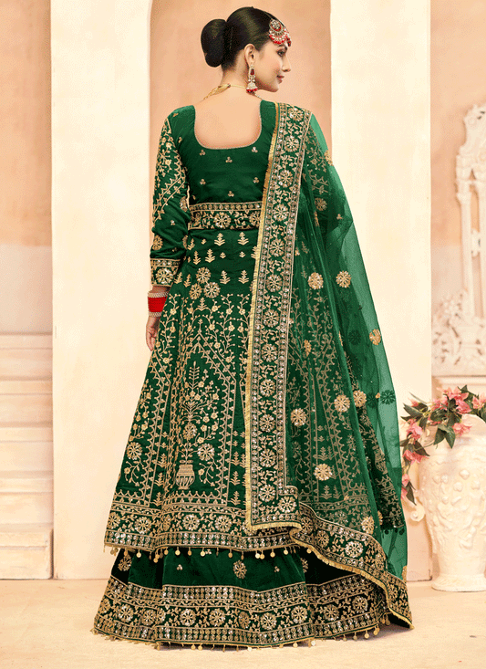 Green Embroidered Velvet Lehenga Kameez Suit