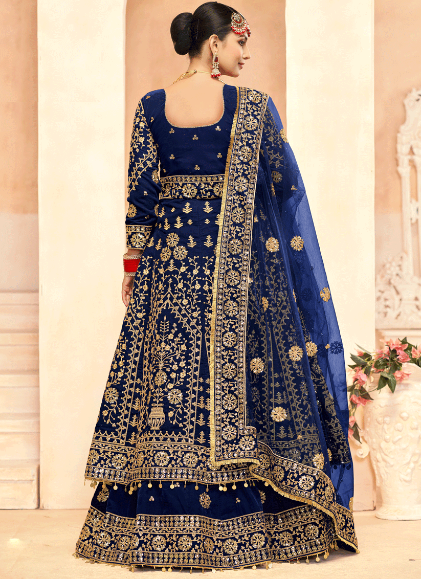 Navy Blue Embroidered Velvet Lehenga Kameez Suit
