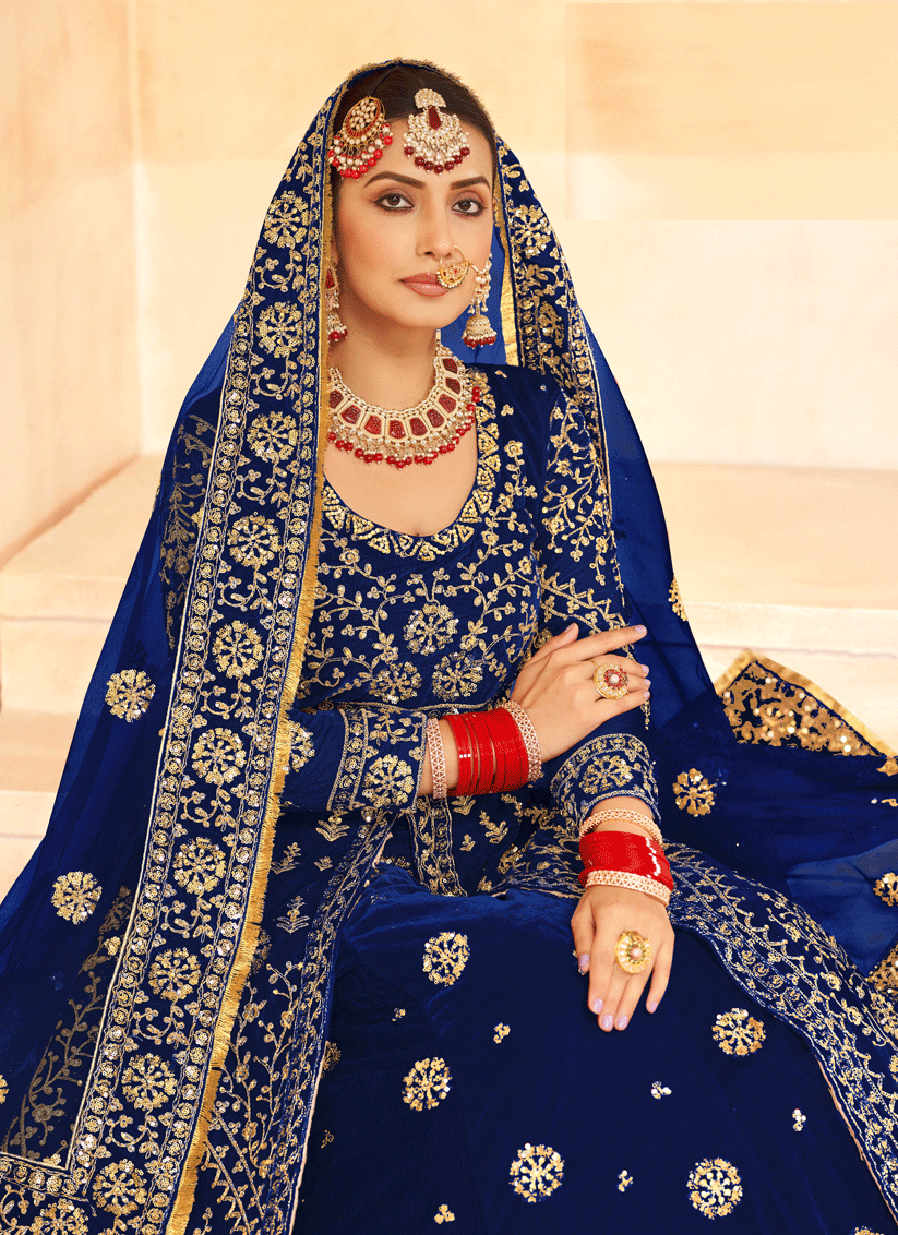 Navy Blue Embroidered Velvet Lehenga Kameez Suit