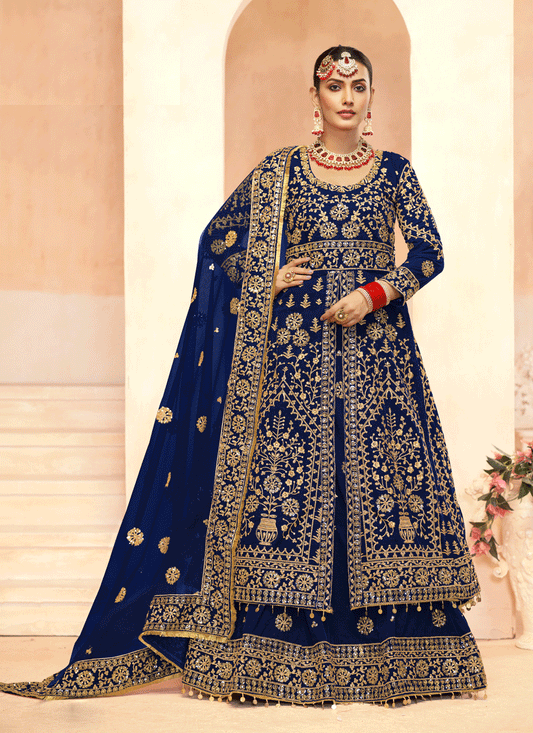Navy Blue Embroidered Velvet Lehenga Kameez Suit