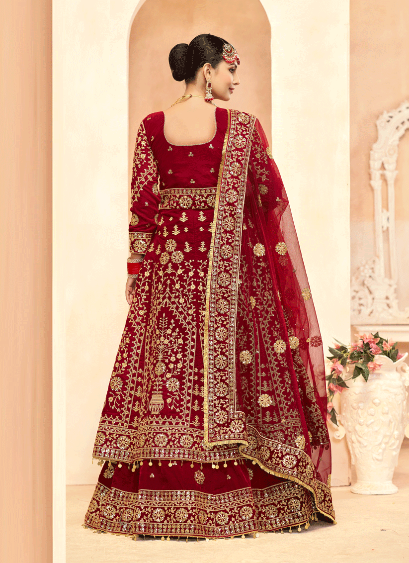 Maroon Embroidered Velvet Lehenga Kameez Suit