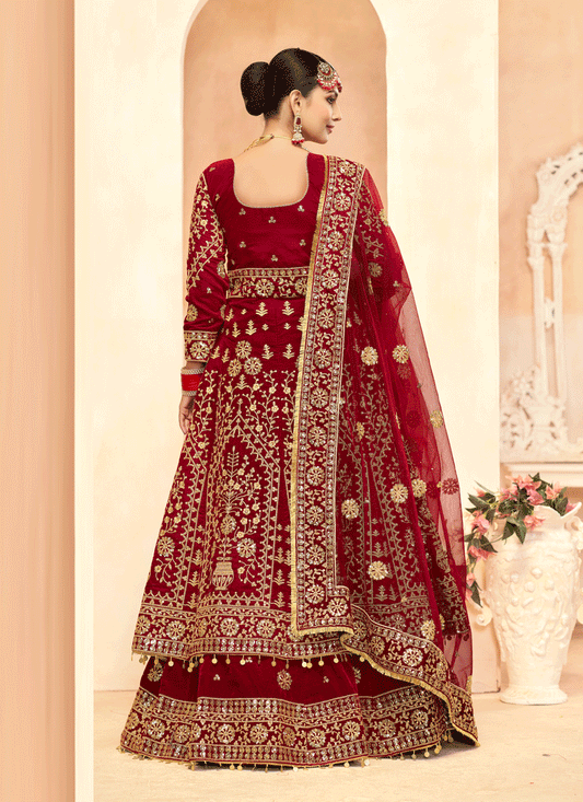 Maroon Embroidered Velvet Lehenga Kameez Suit