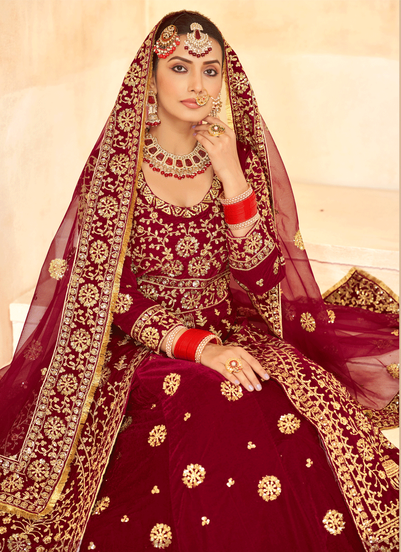 Maroon Embroidered Velvet Lehenga Kameez Suit