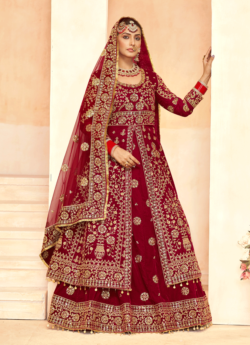 Maroon Embroidered Velvet Lehenga Kameez Suit