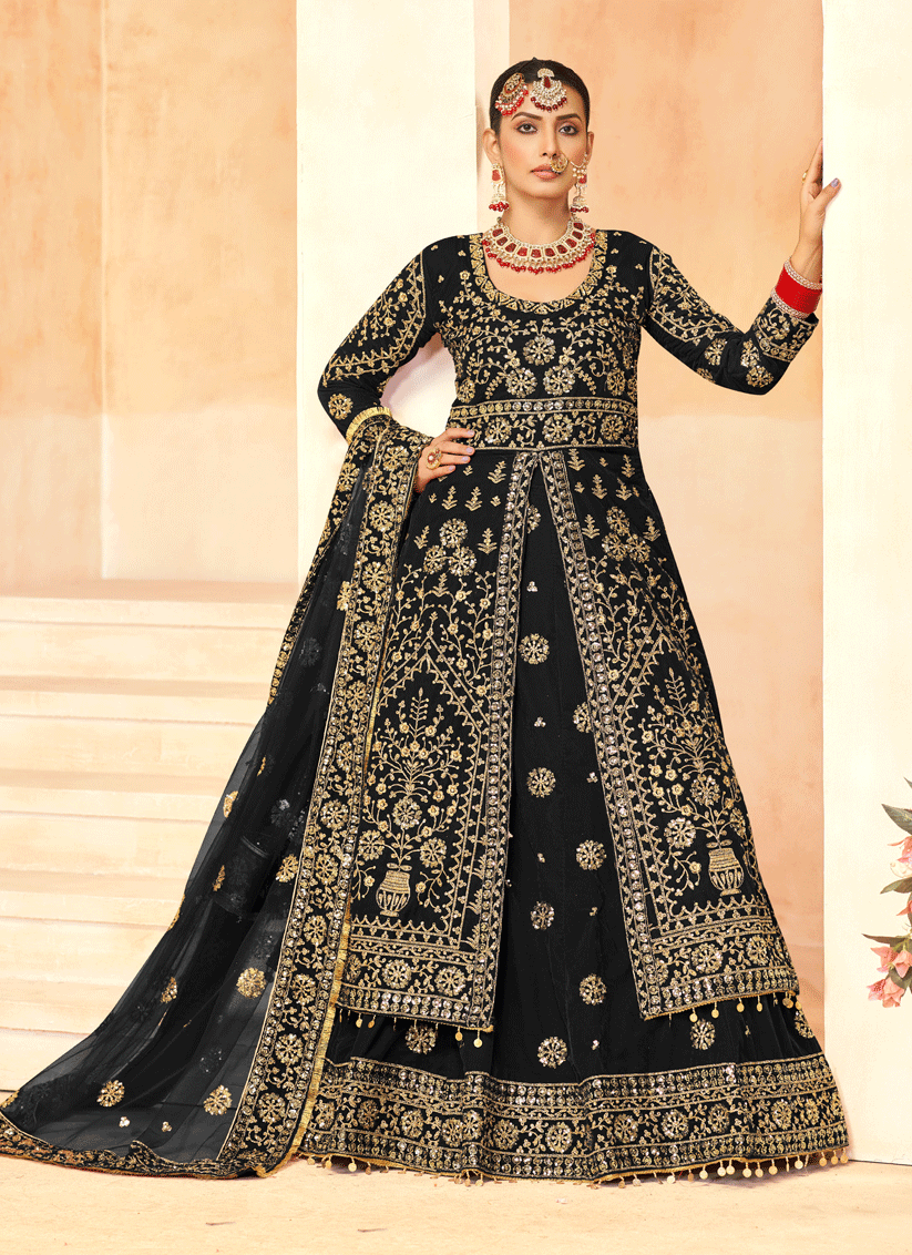 Black Embroidered Velvet Lehenga Kameez Suit
