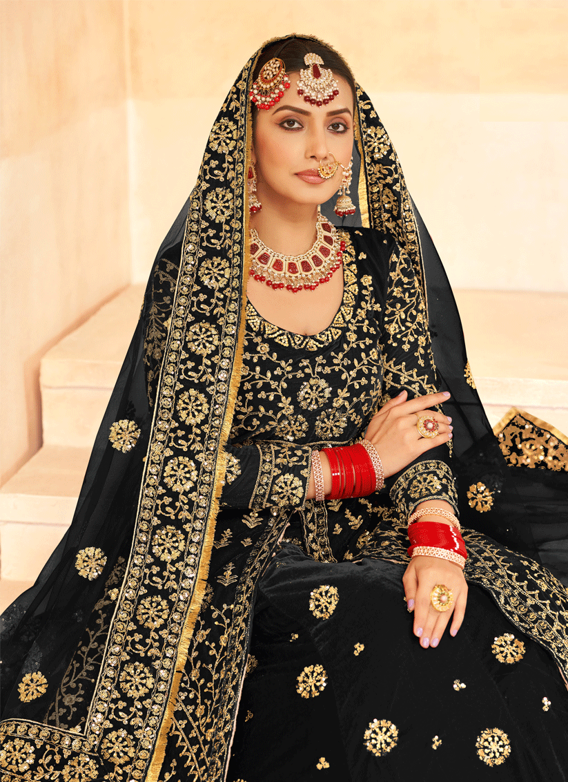 Black Embroidered Velvet Lehenga Kameez Suit