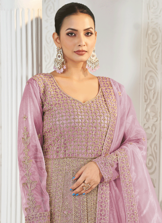 Lilac Pink Net Embroidered Anarkali Dress For Festival