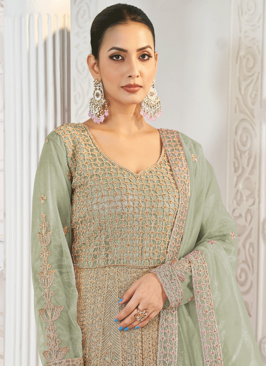 Pistachio Green Net Embroidered Anarkali Dress For Festival