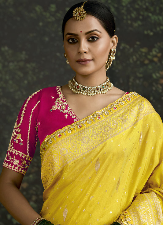 Fashionable Lemon Yellow Dola Silk Embroidered Wedding Saree