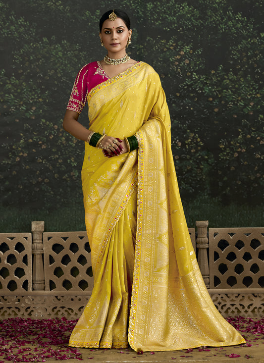 Fashionable Lemon Yellow Dola Silk Embroidered Wedding Saree