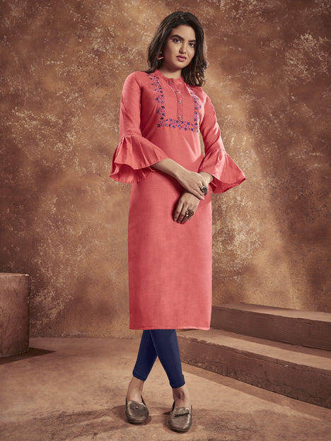 Coral Pink Cotton Embroidered Kurti