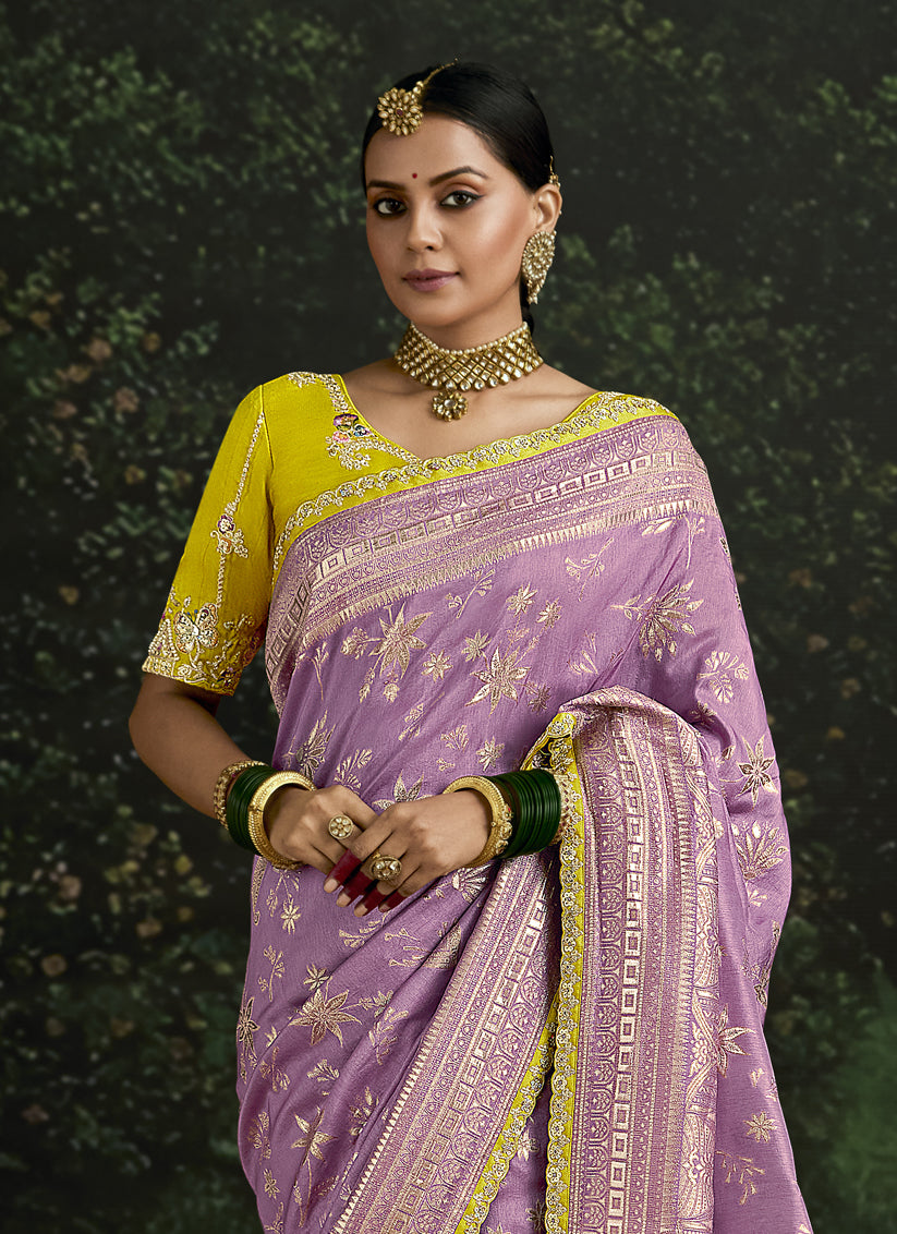 Dashing Lilac Dola Silk Embroidered Wedding Saree