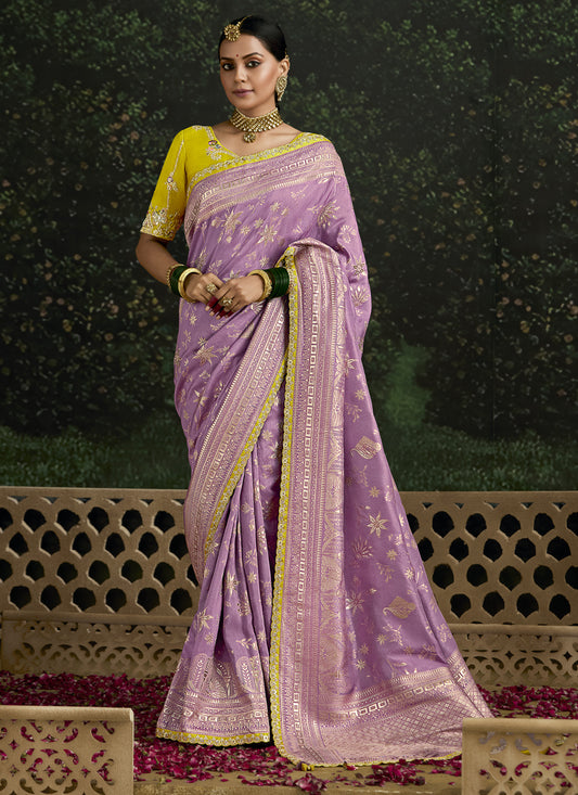 Dashing Lilac Dola Silk Embroidered Wedding Saree