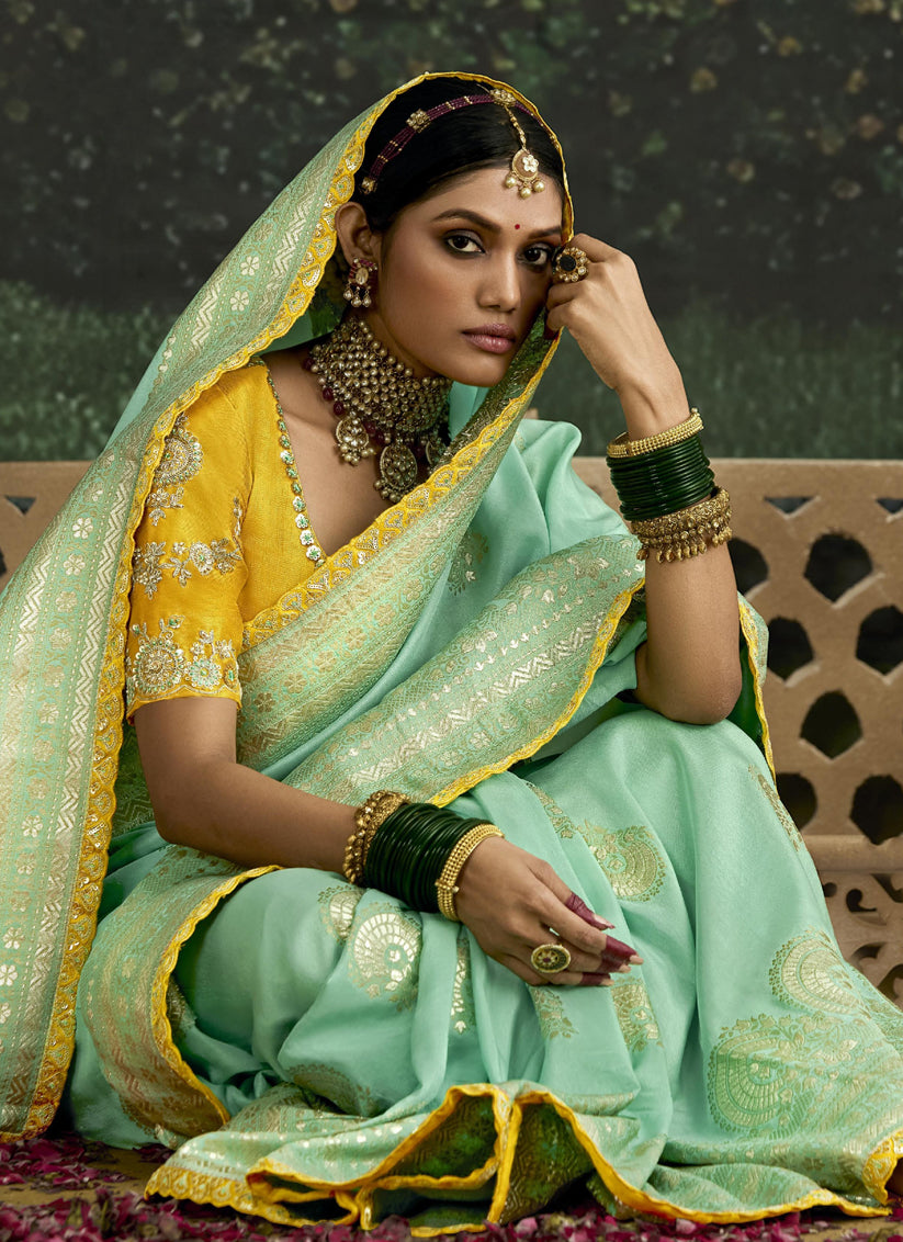 Voguish Turquoise Dola Silk Embroidered Wedding Saree